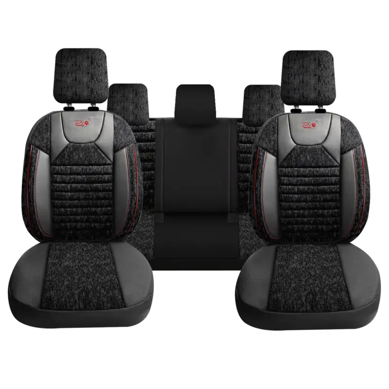 Set huse scaune auto Panda Kas, textil si piele ecologica, negru cu rosu, 11 piese Ofertă de sezon