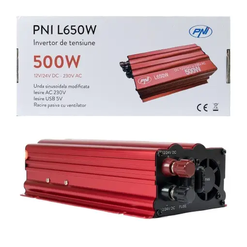 Ultima șansă INVERTOR DE TENSIUNE PNI L650W, ALIMENTARE DUALA 12V/24V, IESIRE 230V, 500W, SINUS MODIFICAT, MUFA USB 5V 500mAh, CU CLESTI ALIMENTARE SI MUFA DE BRICHETA INCLUSA