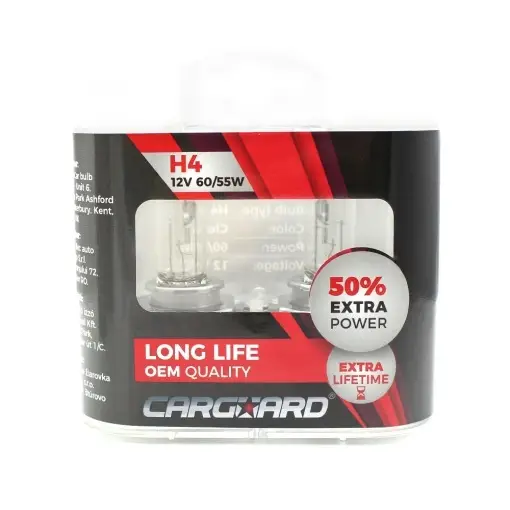 Disponibil imediat Set de 2 becuri Halogen H4, 55W, +50% Intensitate - LONG LIFE - CARGUARD