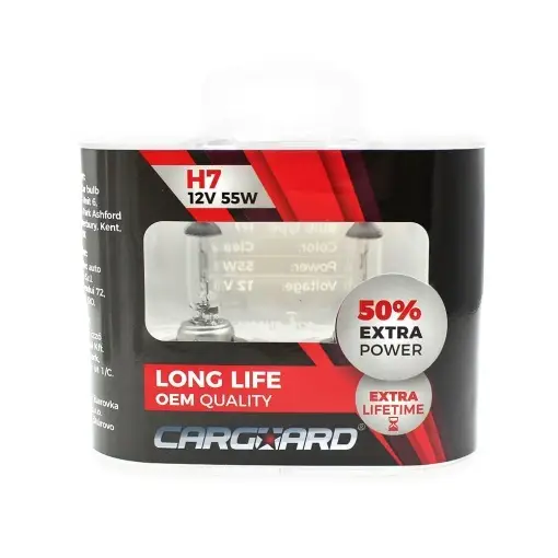 Super ofertă Set de 2 becuri Halogen H7, 55W, +50% Intensitate - LONG LIFE - CARGUARD