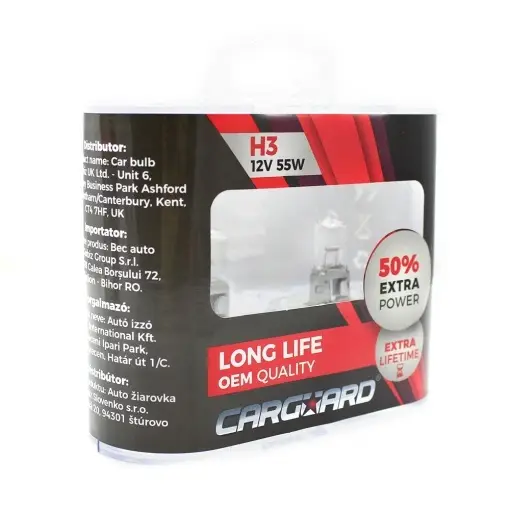 Set de 2 becuri Halogen H3, 55W +50% Intensitate - LONG LIFE - CARGUARD Calitate înaltă