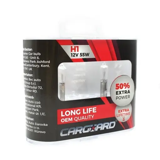 Preferatul clienților Set de 2 becuri Halogen H1, 55W, +50% Intensitate - LONG LIFE - CARGUARD