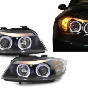 Faruri BMW Seria 3 E90 E91 2005-2008 Angel Eyes negre, set stanga-dreapta Reducere de preț