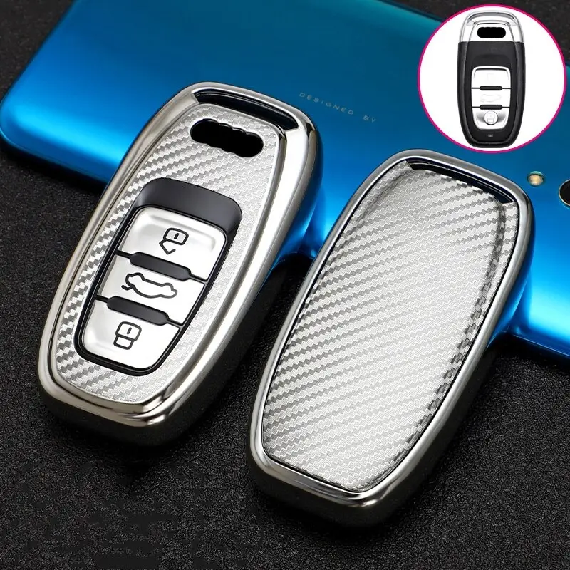 Preț mic Husa Cheie Smartkey Audi cu 3 Butoane GRI Carbon TPU+PC Compatibila cu Audi A6 A7 A8 4G