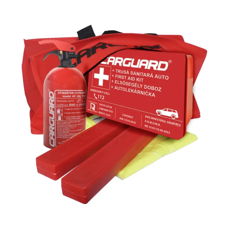 Kit siguranță auto obligatoriu RAR complet cu trusă, stingător și geantă Retur gratuit