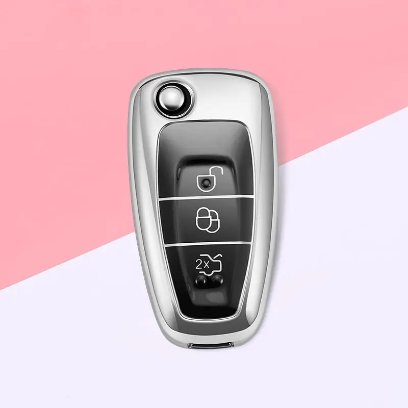 Disponibil imediat Husă cheie Ford tip briceag TPU+PC, silver cu butoane negre (2/3 butoane)