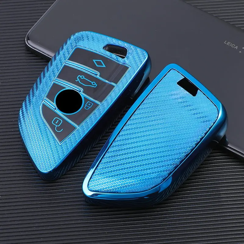 Husă cheie smartkey compatibilă BMW Seria G, 4 butoane, albastră, TPU+PC carbon Ultima șansă