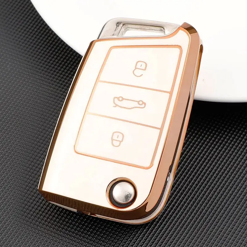 Bestseller Husă cheie briceag TPU alb cu contur auriu, 3 butoane, compatibilă Golf MK7/Octavia/Superb