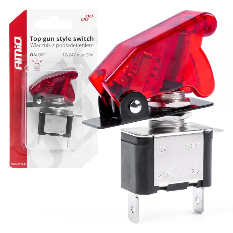 Comutator iluminat (intrerupator) cu protectie, destinatie auto, moto, ATV, SSV, Off-Road, model "TOP GUN", tensiune 12V - 24V, culoare Rosie FAVLine Selection Retur ușor