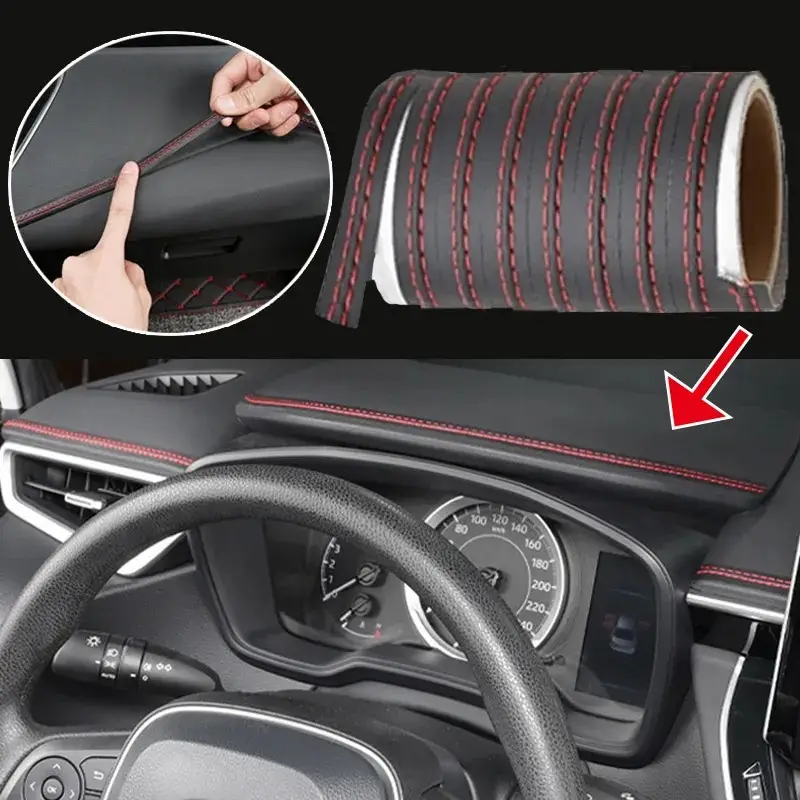Reducere de preț Banda decorativa pentru interiorul vehiculului, lungime 2m, din piele ecologica, culoare Neagra + cusatura Rosie FAVLine Selection