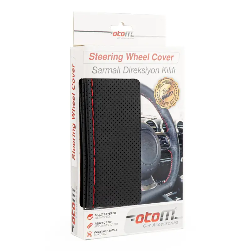 Super ofertă Husa volan OTOM din Piele Ecologica "Perforata" pentru autoturisme, diametru volan 37 - 39 cm, cu ac si ata Rosie FAVLine Selection