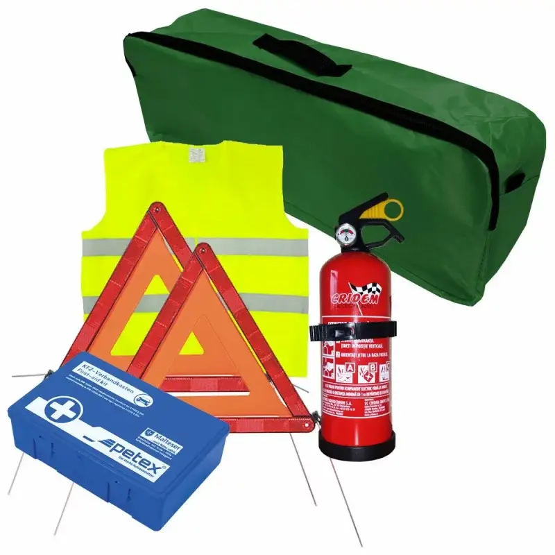 Lichidare de stoc Set prim ajutor auto 6 piese cu stingator 1kg si geanta verde Cridem