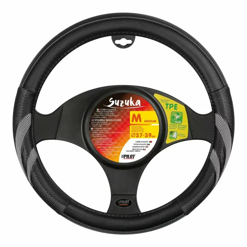 Husă volan Suzuka din imitație piele, M, 37-39 cm, negru/gri Promoție