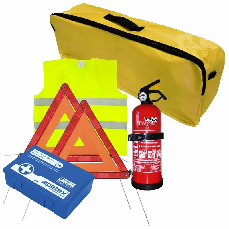 Set auto prim ajutor complet cu stingător 1 kg, vestă și geantă Preț promoțional
