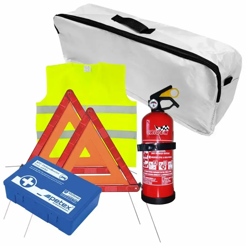 Set auto prim ajutor complet cu stingator 1 kg, 2 triunghiuri si vesta Ofertă