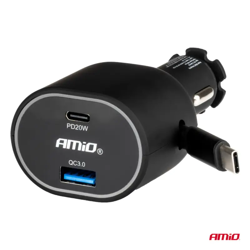 Livrare expres Incarcator auto rapid Amio 50W cu USB-C, QC 3.0 si cablu retractabil