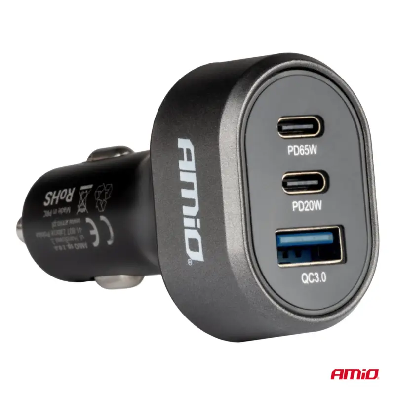 Încărcător auto AMIO USB-C 65W + 20W și USB QC 3.0, priză brichetă Ofertă specială