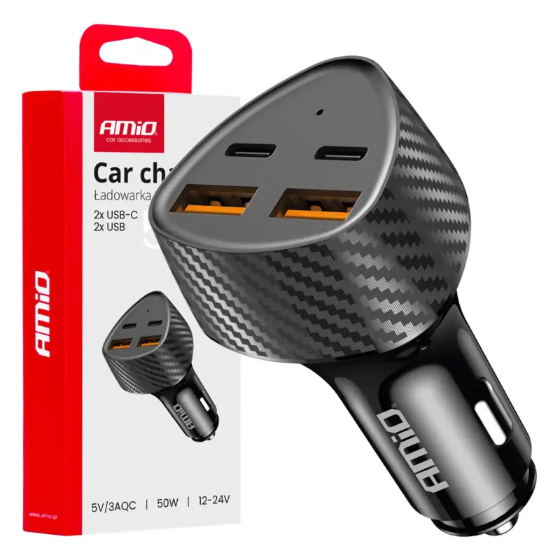Transport gratuit Încărcător auto AMIO 50W cu 2x USB-A și 2x USB-C, încărcare rapidă