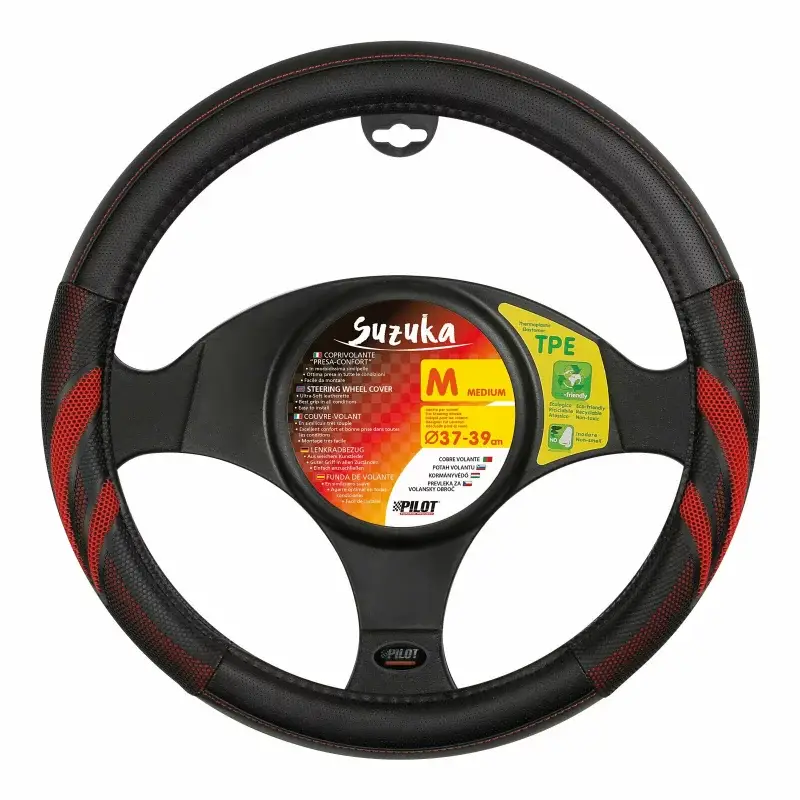 Husă volan Suzuka din imitație piele, M, 37-39 cm, negru/roșu Reducere de preț