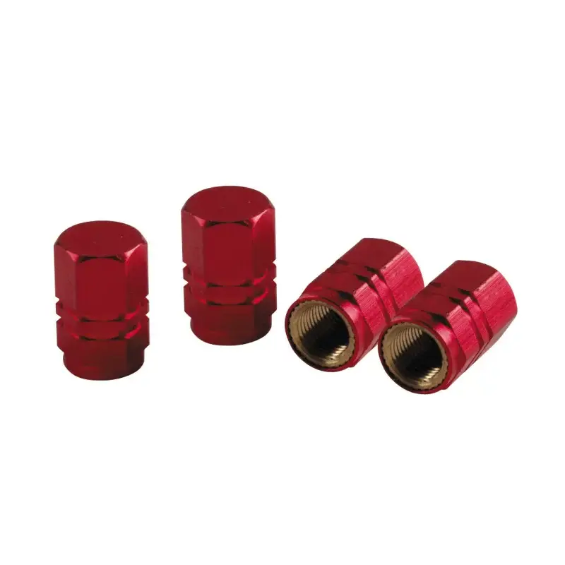Retur ușor Capace valve hexagonale din aluminiu, rosii, set 4 buc pentru auto si bicicleta