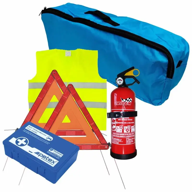 Mai ieftin Set prim ajutor auto 6 piese cu stingator, triunghiuri si geanta albastra