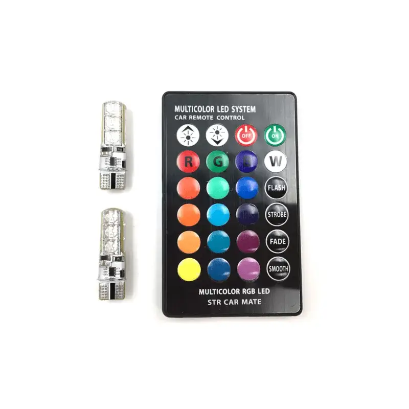Nu rata Set 2 becuri LED RGB T10 W5W 12V pentru plafonieră auto cu telecomandă