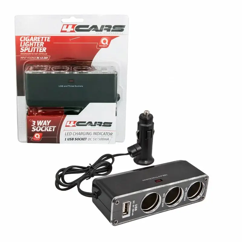 Priză triplă brichetă auto cu USB și cablu prelungitor 12/24V 4Cars Reducere specială