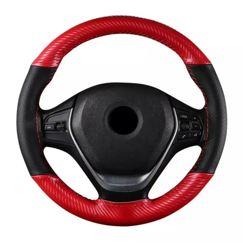 Transport gratuit Husa volan din Piele Neagra Perforata + Carbon Red si ata rosie pentru cusut, marime M, diametru 37 - 39 cm FAVLine Selection