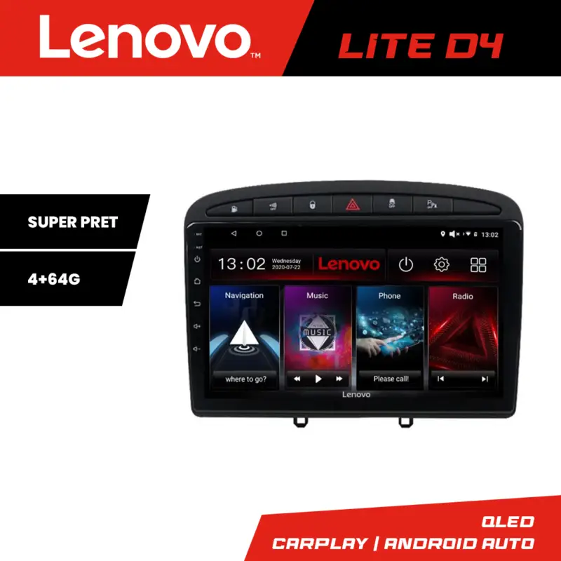 Navigație Android Peugeot 308 2008-2013 Lenovo Lite D4 4+64GB Livrare rapidă