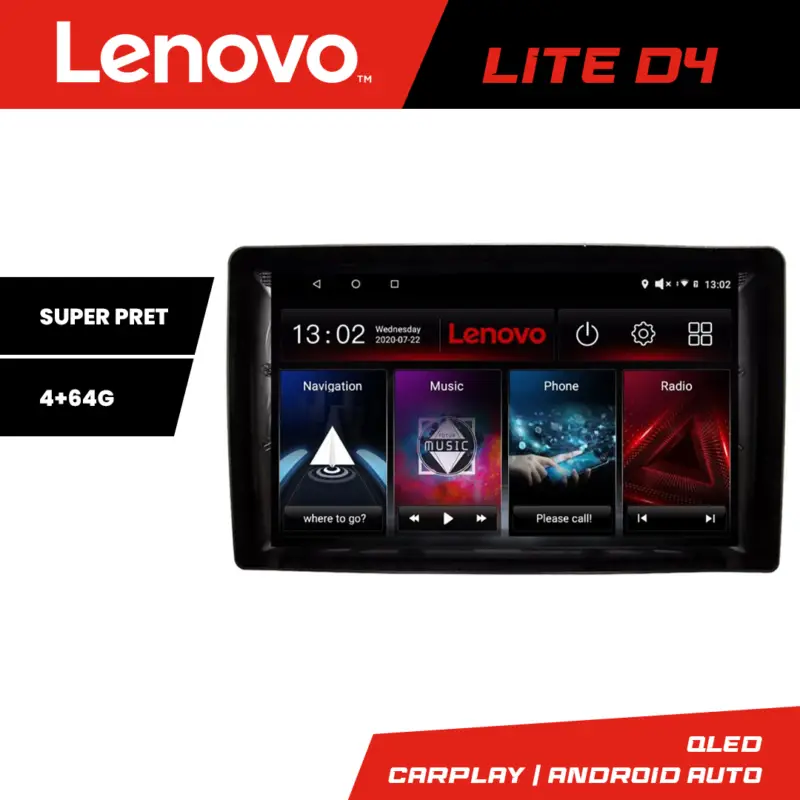 Navigație auto universală 2DIN Lenovo Lite D4, Android, 4GB RAM + 64GB Disponibil imediat