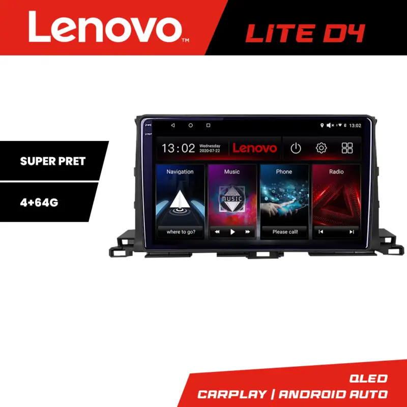 Navigație Android Toyota Highlander 2013-2018 4GB+64GB Lenovo Lite D4 Livrare expres
