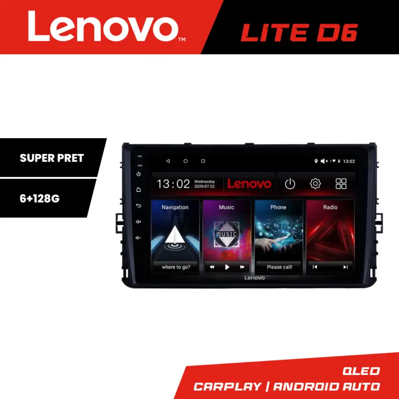 Navigație auto VW Lenovo Lite D6 6+128GB Android cu Waze, USB și radio Nu rata