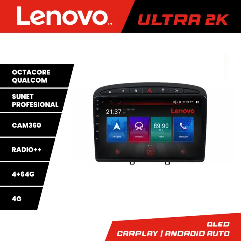 Disponibil imediat Navigatie Android Peugeot 308 2008-2013 Lenovo QLED 4GB RAM 64GB 360