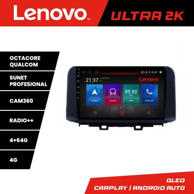Navigație Android Hyundai Kona Lenovo QLED 4GB+64GB cu 360, Waze și 4G Disponibil imediat