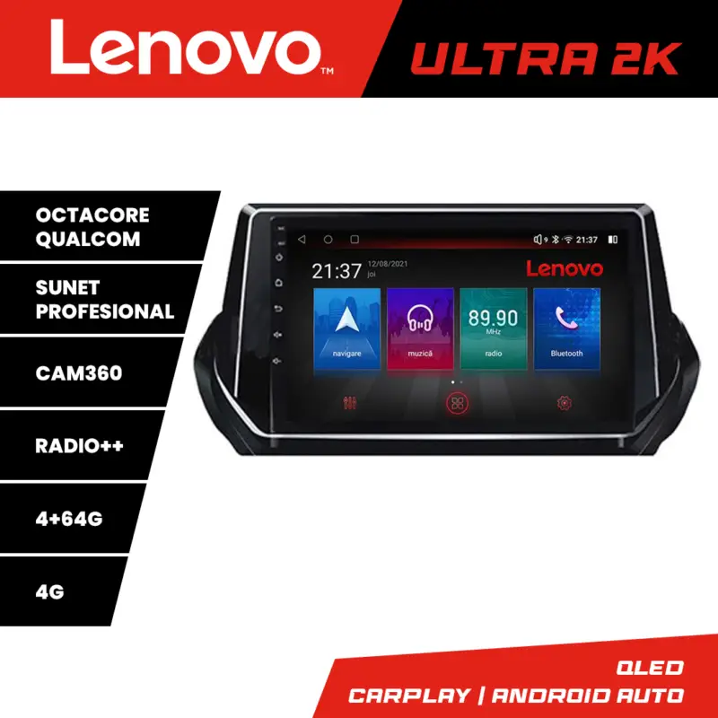 Reducere extra Navigație Android Peugeot 2008 2020+ QLED 4GB/64GB 4G GPS 360 Lenovo
