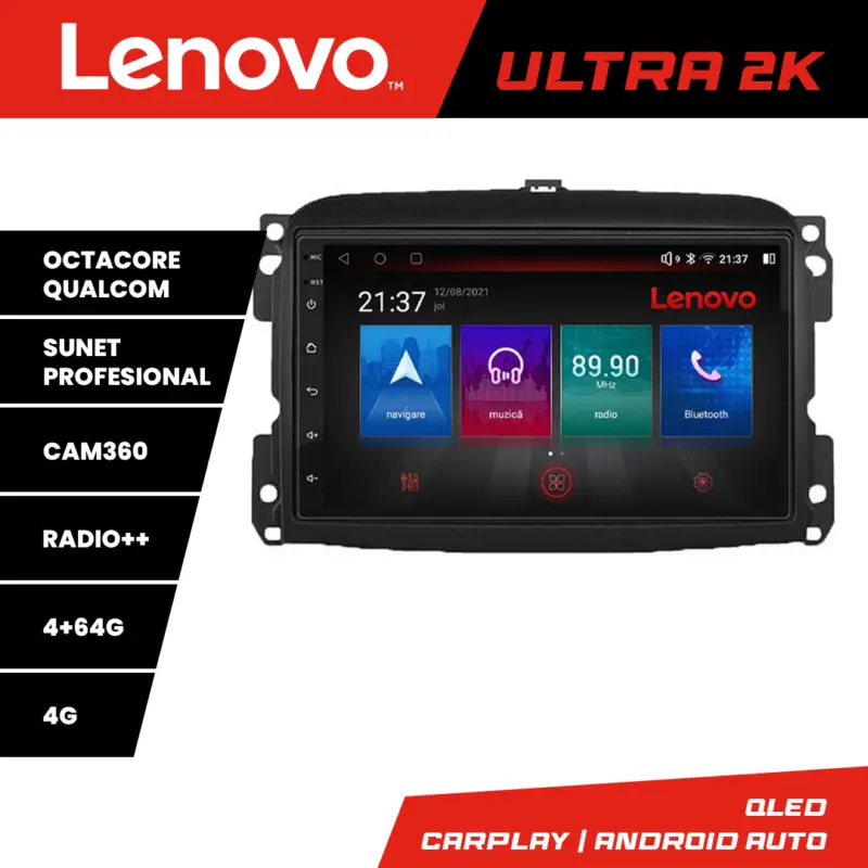 Navigație Fiat 500 2015-2021 Lenovo QLED Android 4+64GB 360 Preț mic