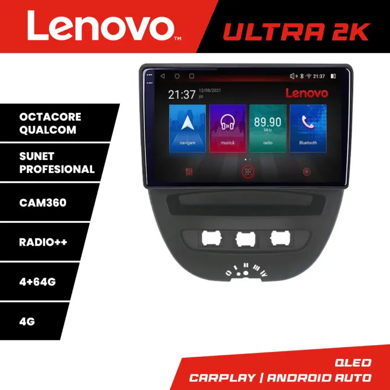 Navigație Android QLED 4GB+64GB pentru Citroen C1, Peugeot 107 și Toyota Aygo Reducere specială