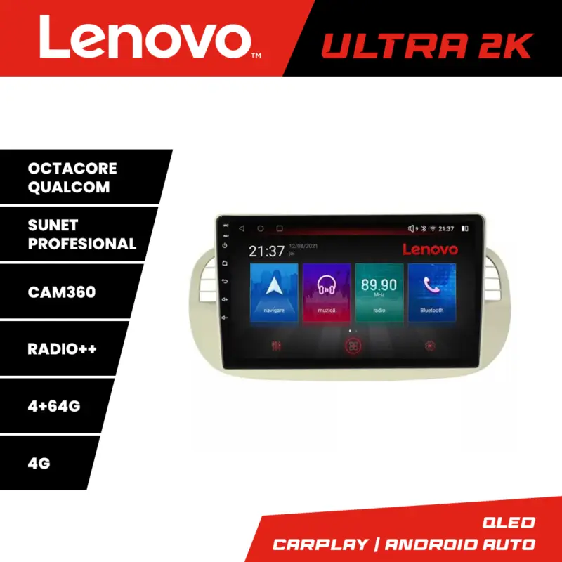 Navigație Android Fiat 500 2007-2015 QLED 4GB+64GB 8 nuclee Lenovo Calitate înaltă