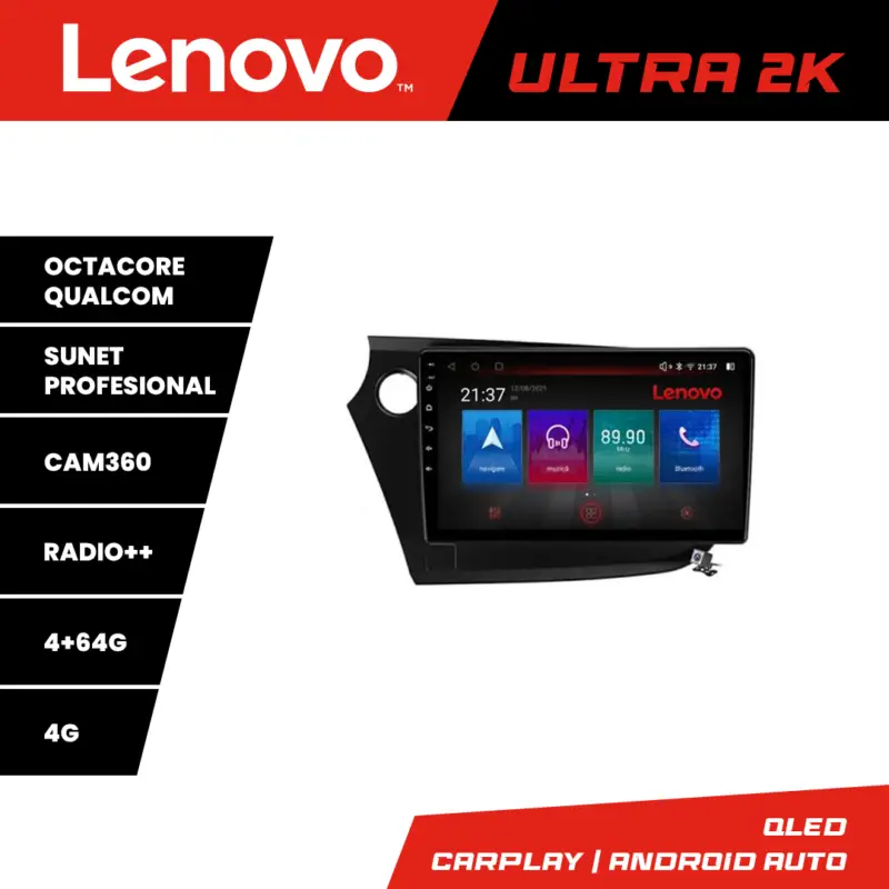 Retur gratuit Navigație Android Lenovo pentru Honda Insight 2009-2014, QLED, 4+64GB