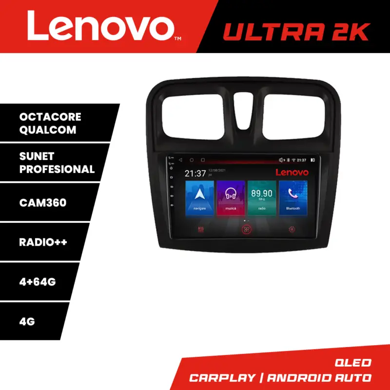Navigație Android Dacia Sandero 2012-2020 Lenovo QLED 4GB+64GB 4G Ofertă exclusivă