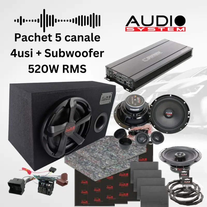 Pachet audio auto 5 canale MX EVO cu amplificator, subwoofer și cablaje plug&play Transport gratuit