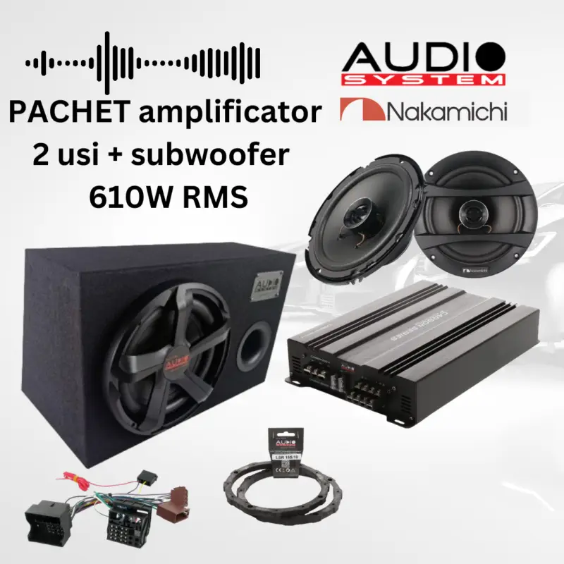 Reduceri Pachet audio auto 2 uși cu amplificator Carbon 200.4, subwoofer și cablaje plug&play