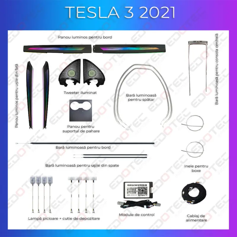 Retur ușor Set lumini ambientale RGB pentru Tesla Model 3 2021, control prin telefon