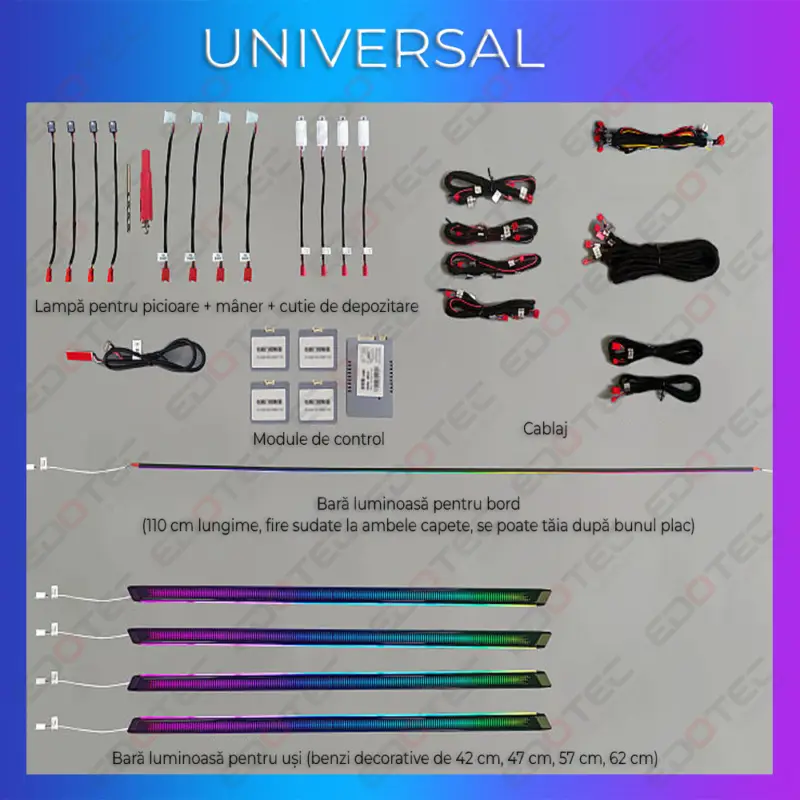 Set lumini ambientale auto universal RGB cu control din telefon sau sistem original Chilipir