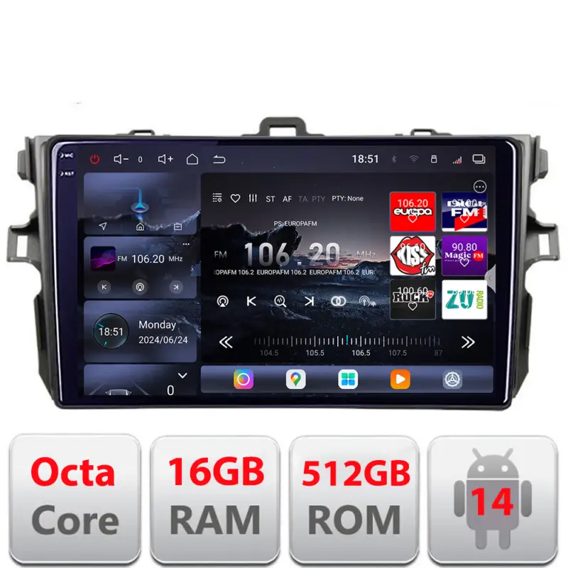 Navigatie Toyota Corolla 2007-2013 Edotec QLED 2K Android 14, 16GB RAM, 512GB Preferatul clienților