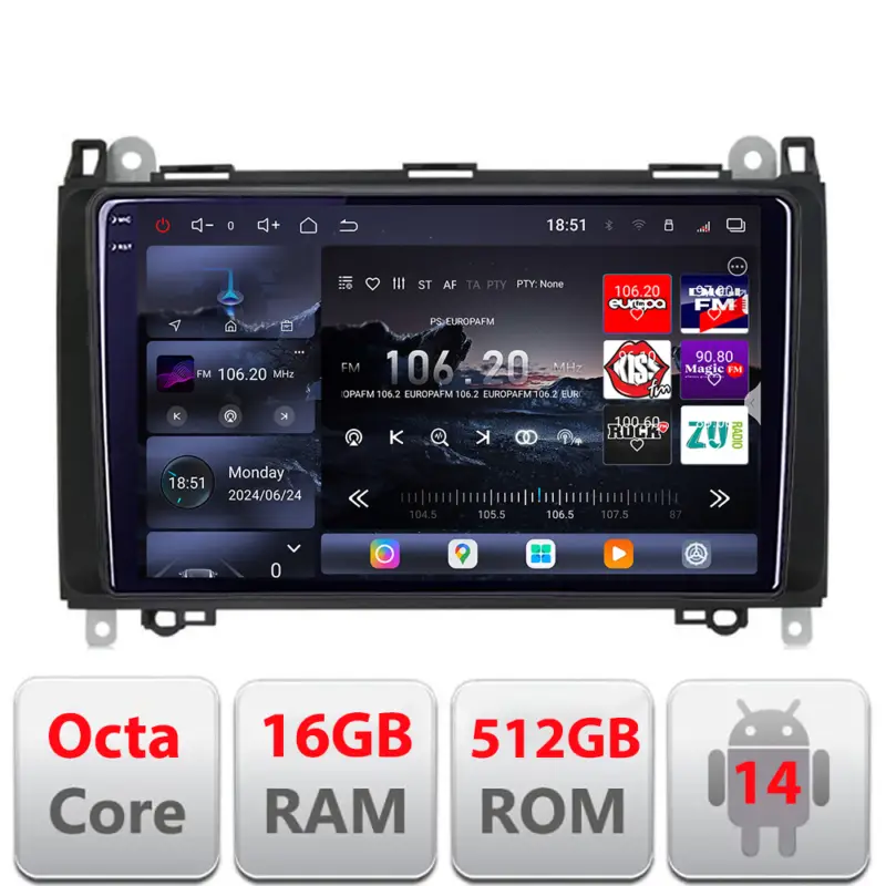 Navigație auto Android Edotec QLED 2K 16GB+512GB pentru Mercedes și VW Livrare expres