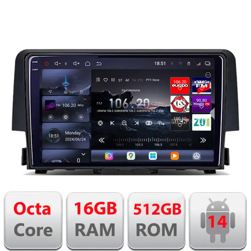 Navigație Honda Civic 2016-2020 Android 14 QLED 2K, 16GB RAM, 512GB Nu rata
