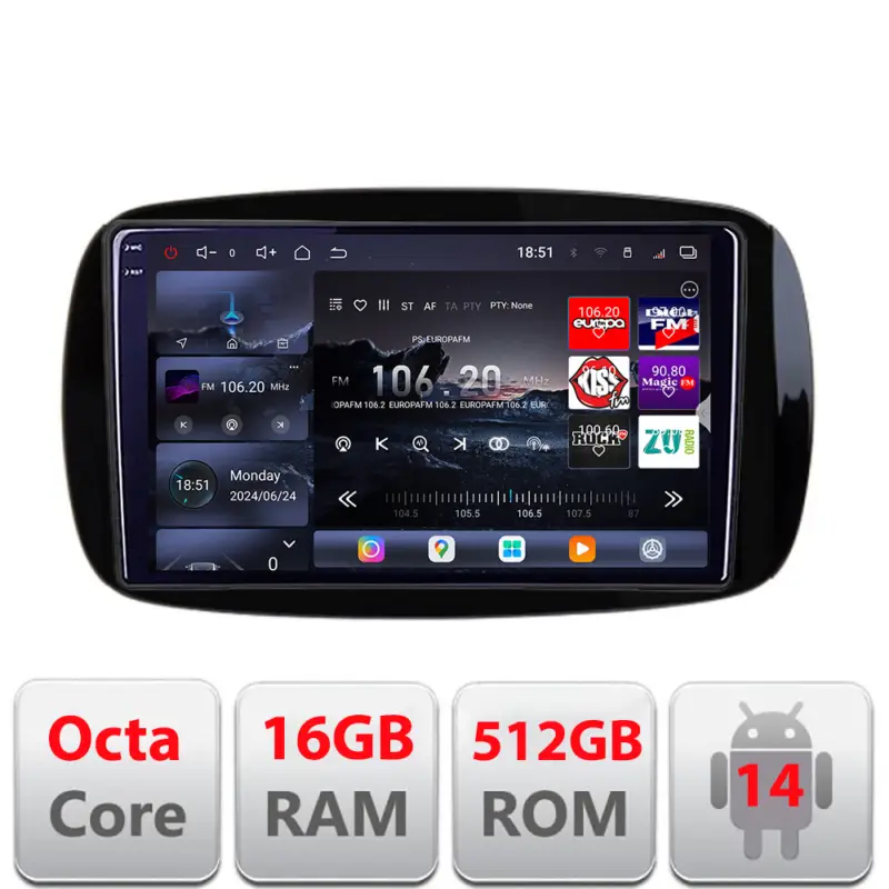 Navigatie Android Smart ForTwo 2015+ Edotec QLED 2K, 16GB RAM, 512GB Cel mai vândut