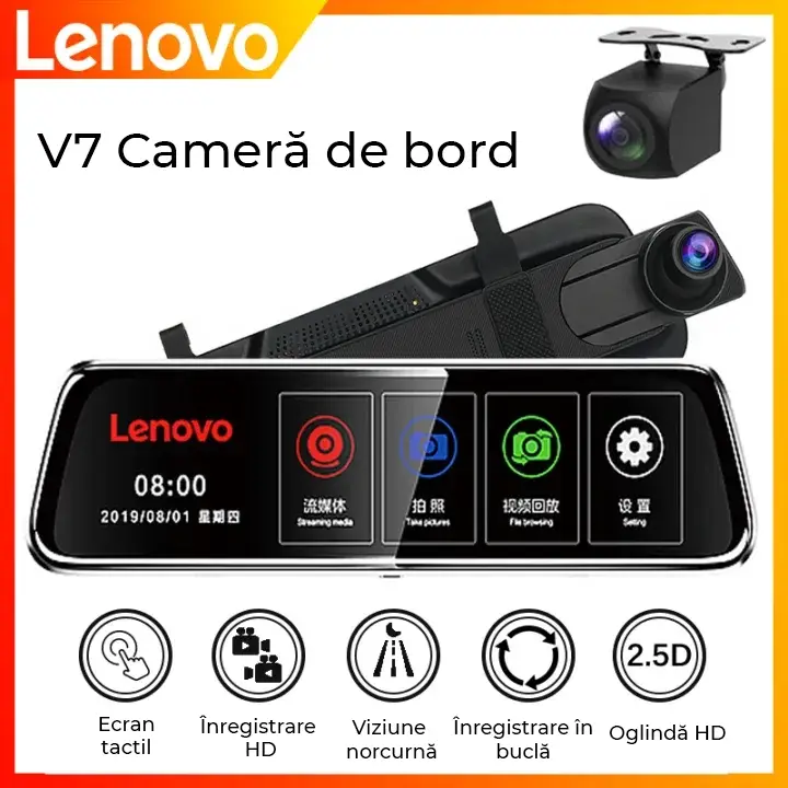 Oglindă auto DVR Lenovo V7 cu camere față-spate Full HD, WiFi și ADAS Promoție