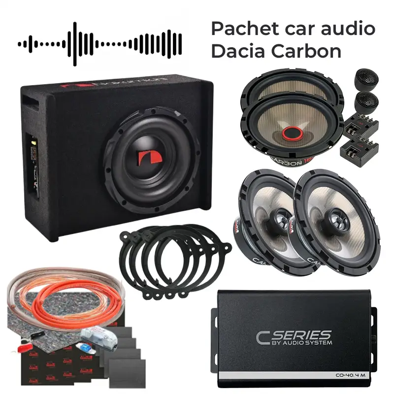 Retur gratuit Pachet car audio Dacia Carbon cu amplificator, subwoofer si difuzoare